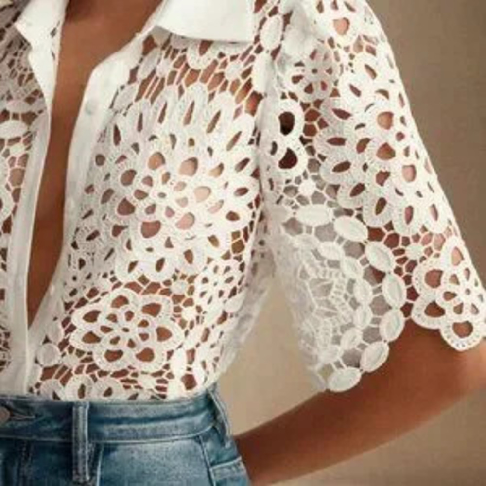 ZARA white chic womens Elegant Floral Hollow-Out Lace Blouse - Picture 5 of 7
